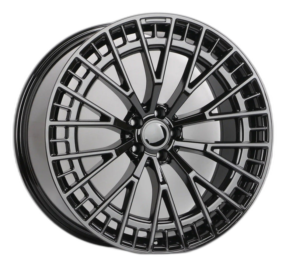 22-inch black mesh spoke wheels by OE Style Wheels for Mercedes CLS, S, GLE, GLS, AMG models, featuring glossy finish.