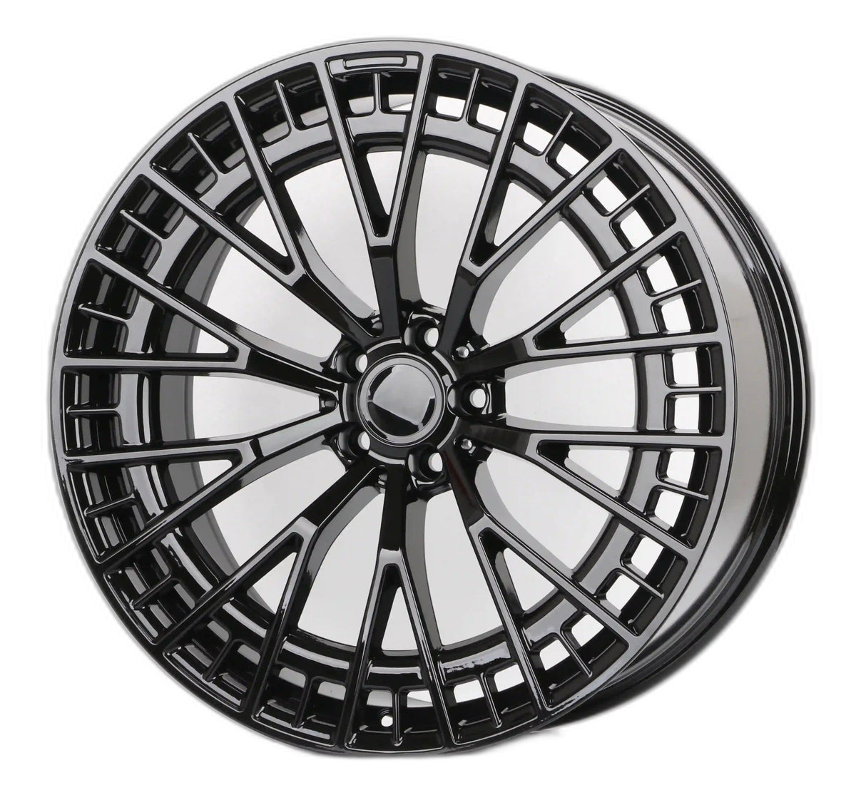 22-inch gloss black mesh spoke wheels for Mercedes CLS, GLE, GLS, AMG, by OE Style Wheels, showing sleek automotive rim design.