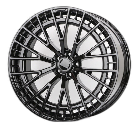 22-inch gloss black mesh spoke wheels for Mercedes CLS, GLE, GLS, AMG, by OE Style Wheels, showing sleek automotive rim design.