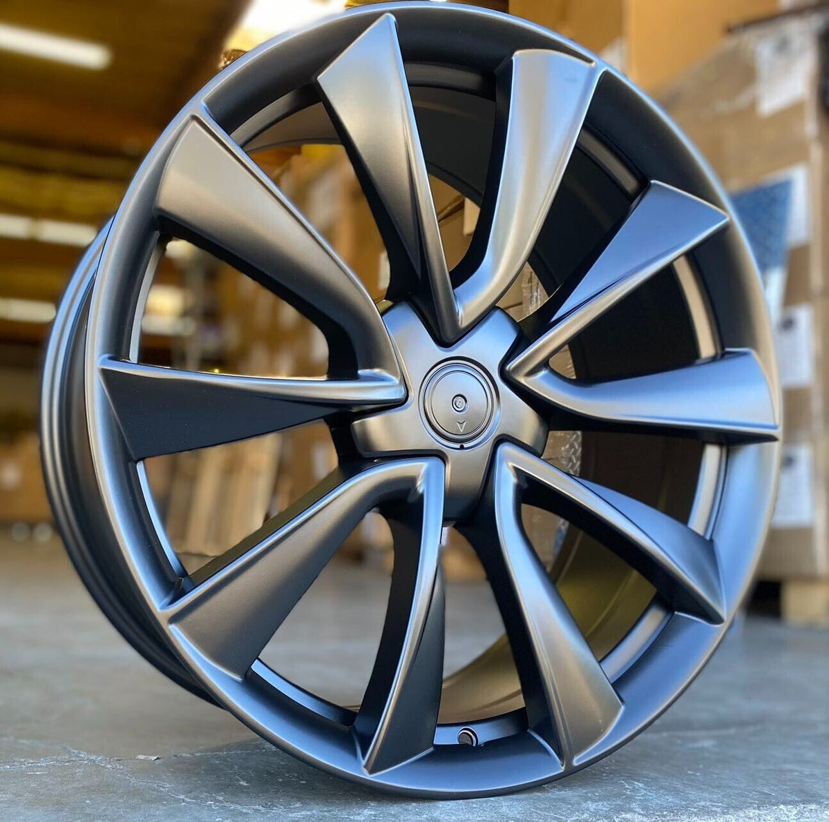Matte black 19-inch OE Style Wheels for Tesla Model 3 AWD, RWD, Long Range, and Performance with sleek automotive rim design.