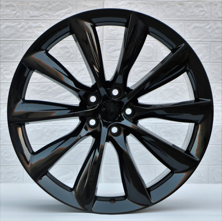 19-inch gloss black turbine style wheels by OE Style Wheels, designed for Tesla Model 3 AWD, RWD, Long Range, and Performance models.