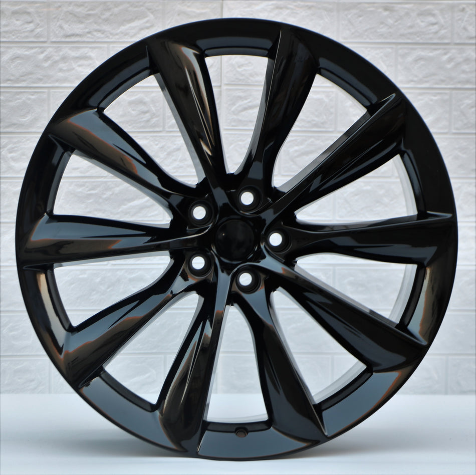 19-inch gloss black turbine style wheels by OE Style Wheels, designed for Tesla Model 3 AWD, RWD, Long Range, and Performance models.