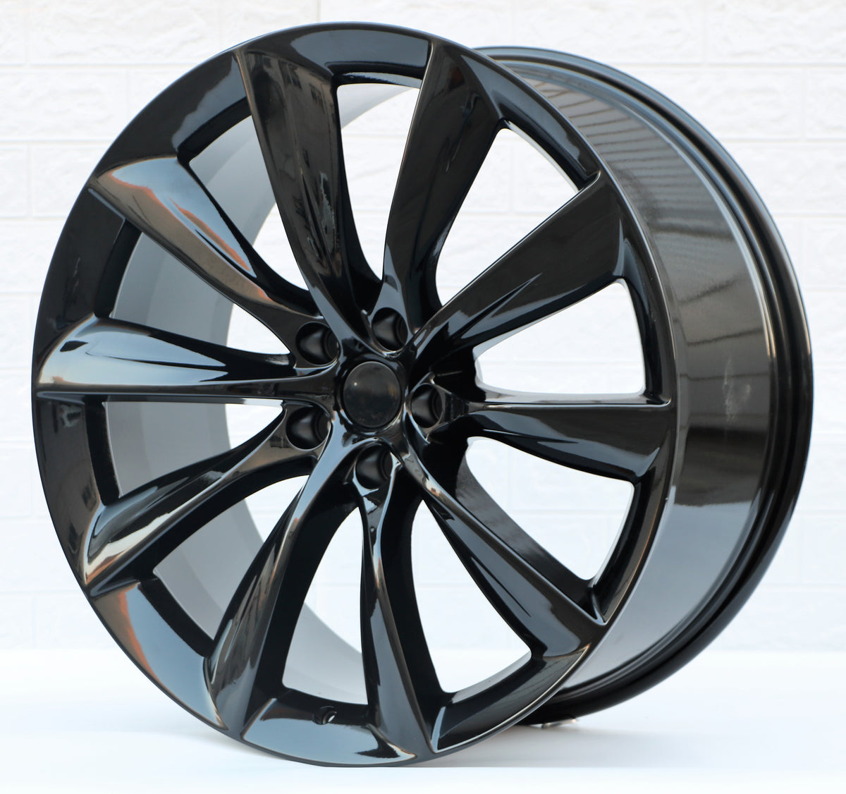 Gloss black 19-inch turbine style wheels by OE Style Wheels for Tesla Model 3 AWD, RWD, Long Range, and Performance models.