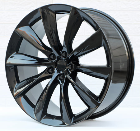 Gloss black 19-inch turbine style wheels by OE Style Wheels for Tesla Model 3 AWD, RWD, Long Range, and Performance models.