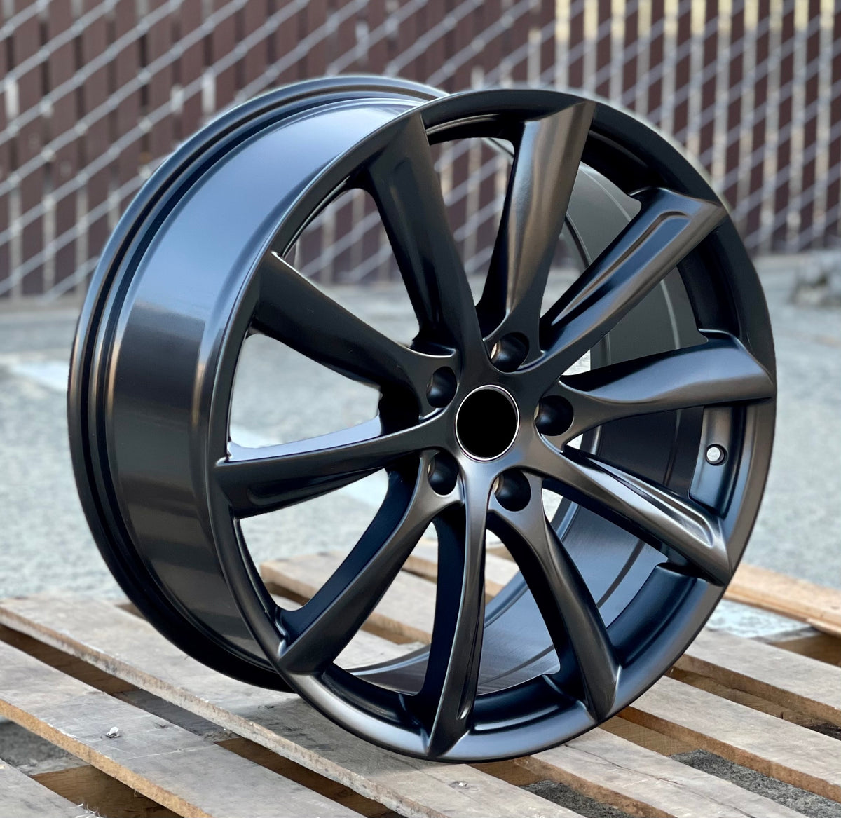 19-inch matte black turbine style wheels by OE Style Wheels for Tesla Model S and X, showcasing sleek automotive rims.