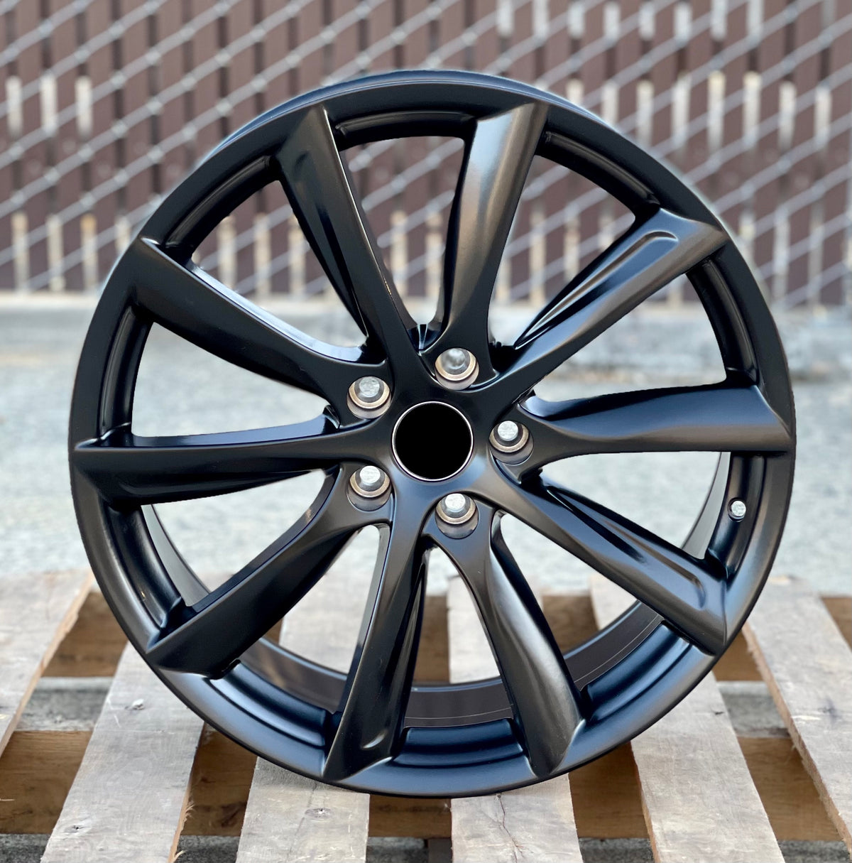 19-inch matte black turbine-style wheels by OE Style Wheels, designed for Tesla Model S and X electric vehicles.