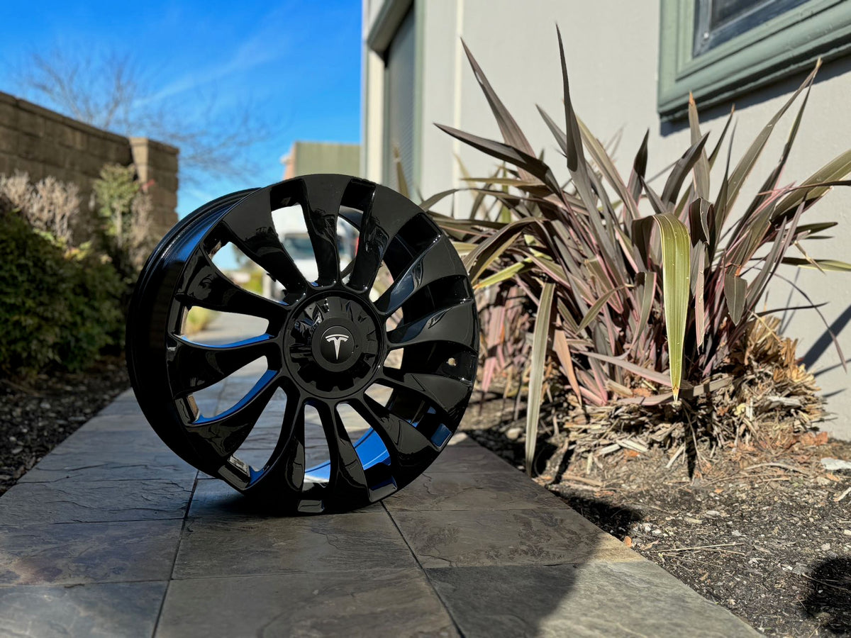 Gloss black 19-inch Überturbine style wheels by OE Style Wheels for Tesla Model 3 and Y, AWD, RWD, Long Range, and Performance models.