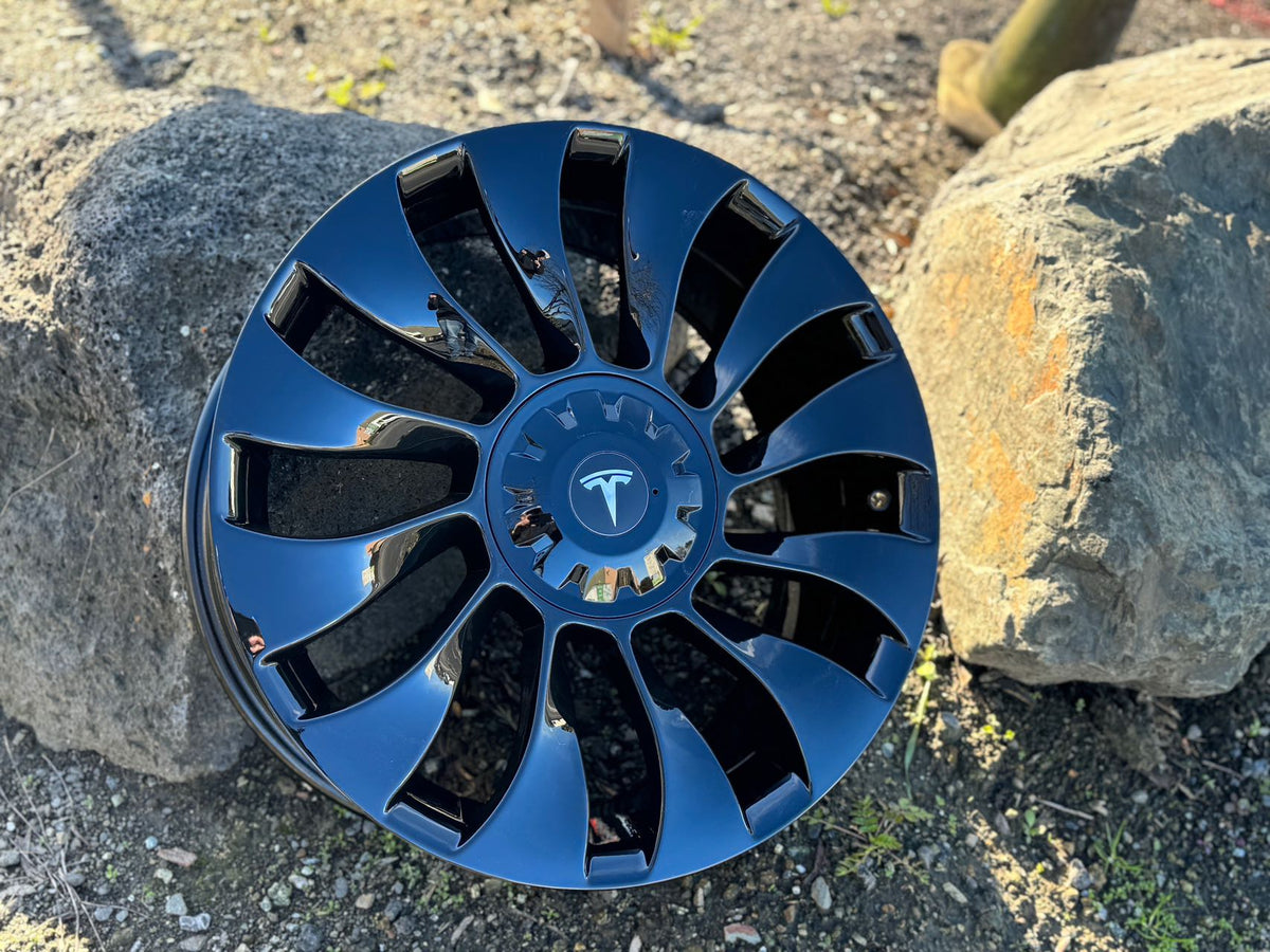Gloss black 19-inch Überturbine style wheels by OE Style Wheels on Tesla Model 3 and Y AWD, RWD, Long Range, or Performance models.