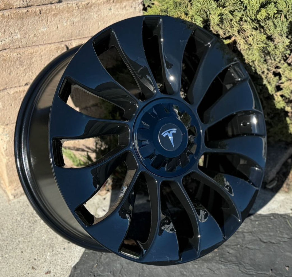 Gloss black 19-inch Überturbine style wheels by OE Style Wheels for Tesla Model 3 and Y AWD, RWD, Long Range, and Performance models.