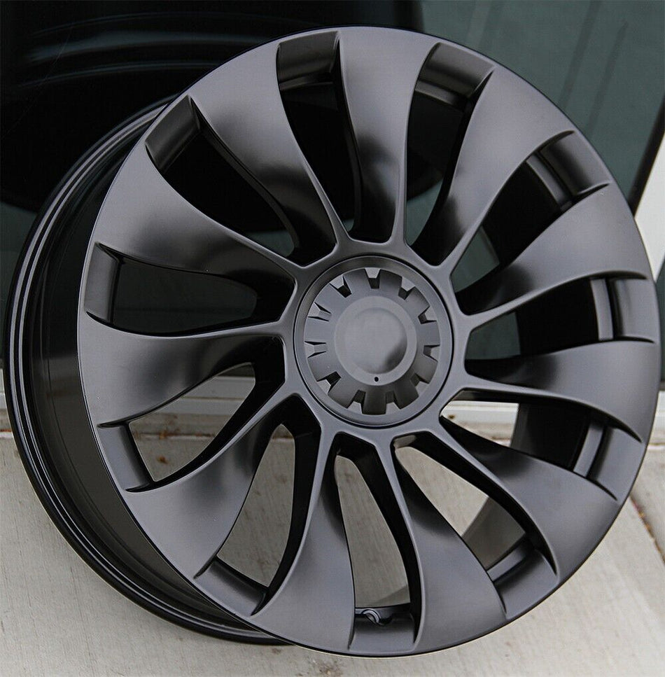 OE Style Wheels 19-inch matte black Überturbine-style rims for Tesla Model 3 and Y AWD, RWD, Long Range, and Performance models.
