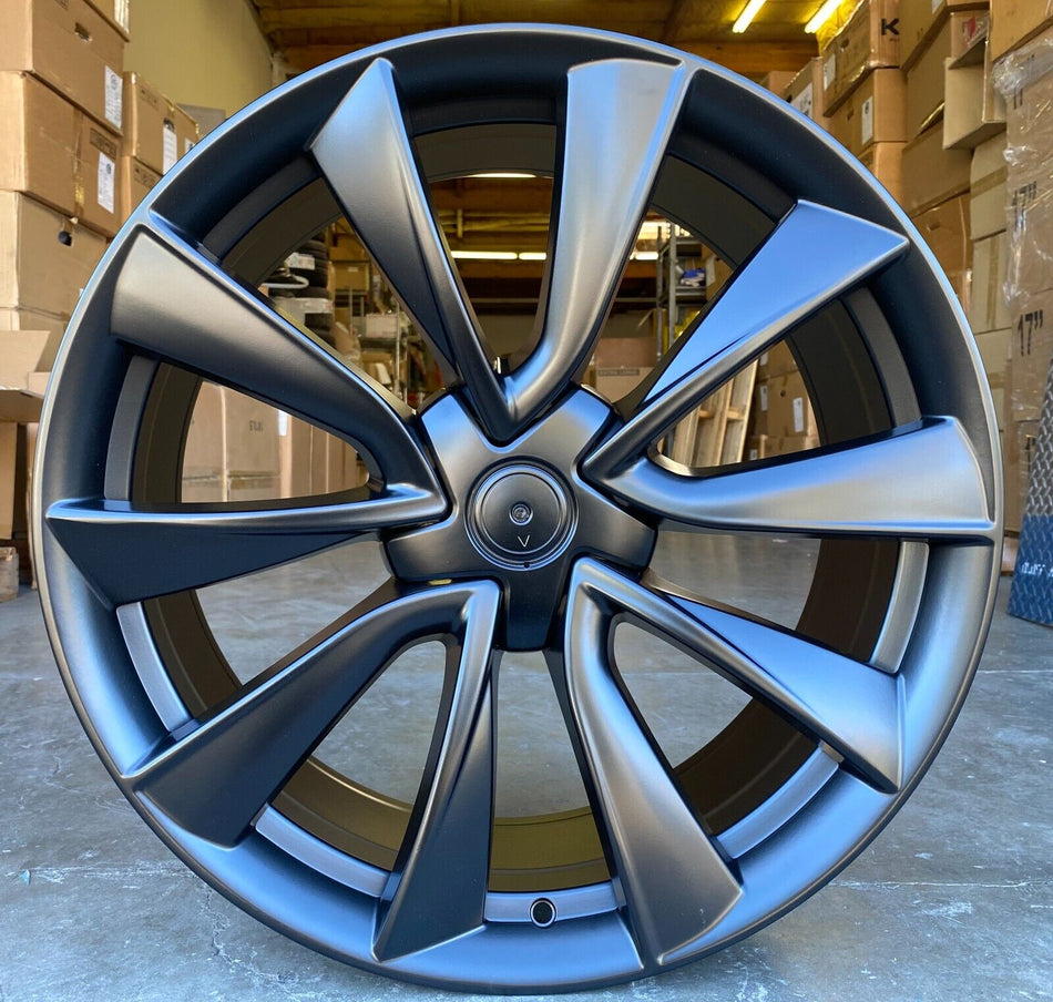 20-inch matte black OE Style Wheels for Tesla Model 3 AWD, RWD, Long Range, and Performance with sleek, modern automotive rim design.