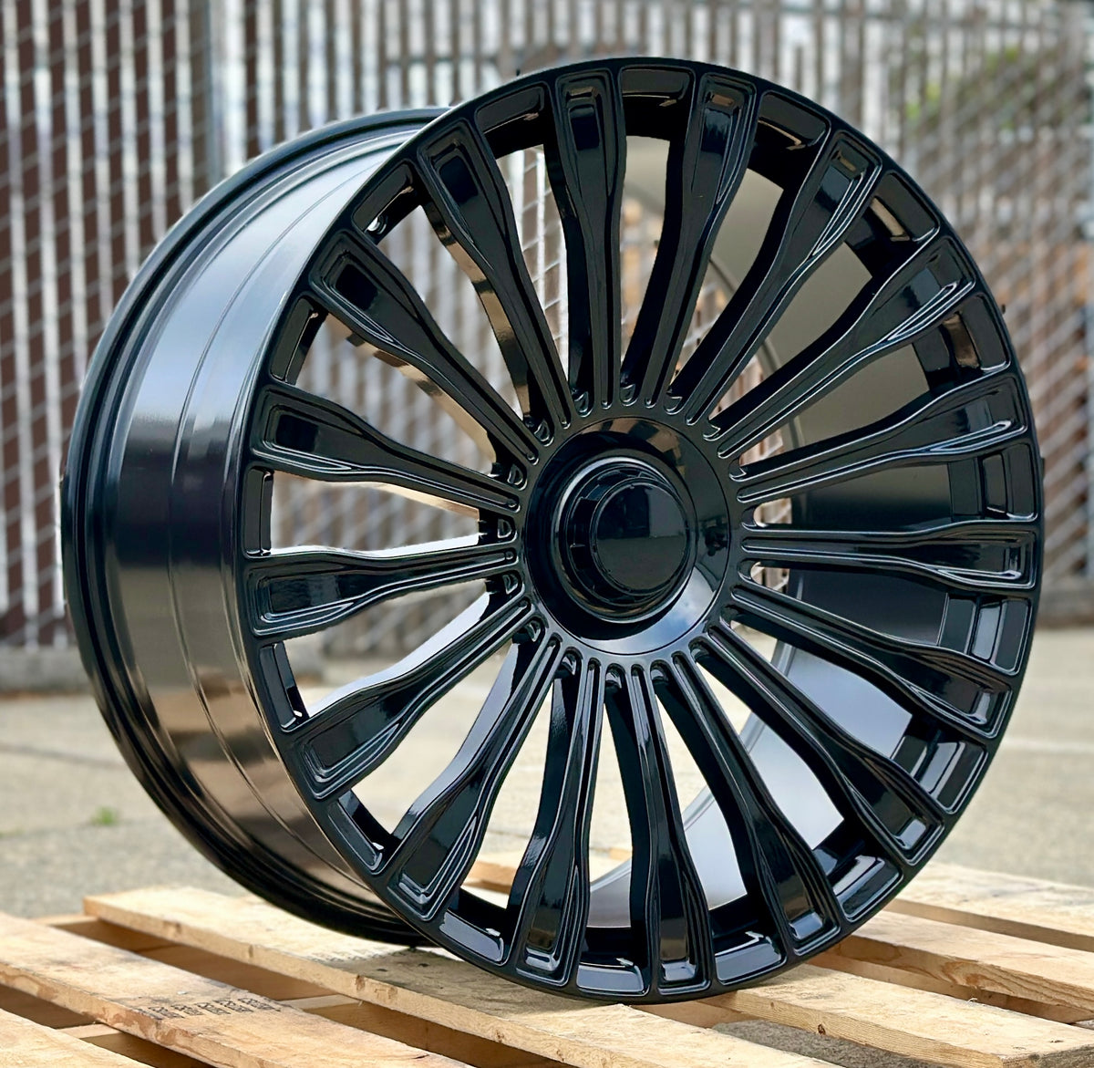 22-inch Maybach style gloss black Mercedes wheels by OE Style Wheels, fitting CLS, S, GLE, GLS models, sleek automotive rims.