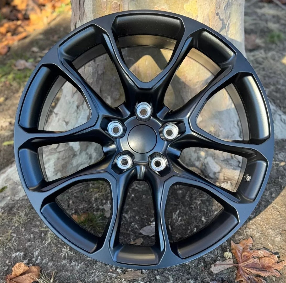 20-inch Satin Black Hellcat Style Wheels by OE Style Wheels for Dodge Durango and Jeep Grand Cherokee, showcasing sleek automotive rims.