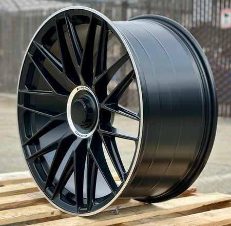 22-inch AMG style matte black Mercedes wheels by OE Style Wheels, fitting CLS, S, GLE, and GLS models.