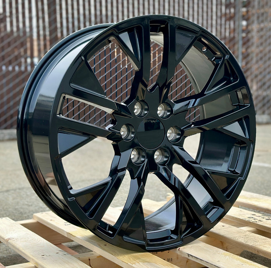 22-inch Sierra Style gloss black wheels by OE Style Wheels, fits Chevy Silverado, Suburban, Tahoe, GMC Sierra, Yukon.
