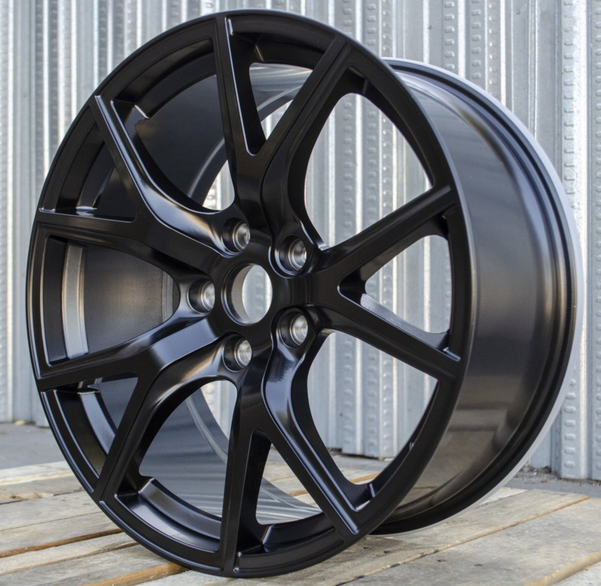 22-inch satin black OE Style Wheels for Dodge Durango, Jeep Grand Cherokee, and SRT models, showcasing sleek automotive rims.