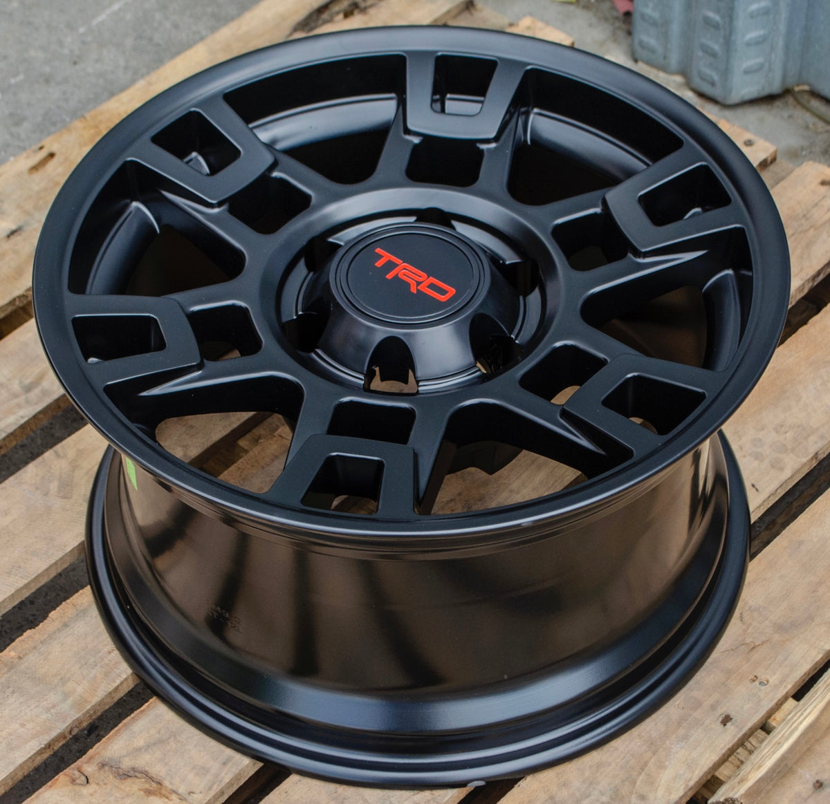 Set of five 17-inch OE Style Wheels in matte black, designed for Toyota Tacoma, 4Runner, FJ Cruiser, Sequoia, and Lexus GX models.