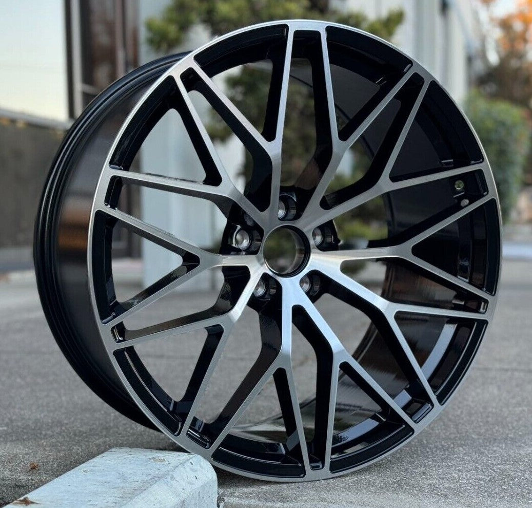 21-inch RS Spyder style black machined wheels for Porsche Macan by OE Style Wheels, showing sleek multi-spoke design.