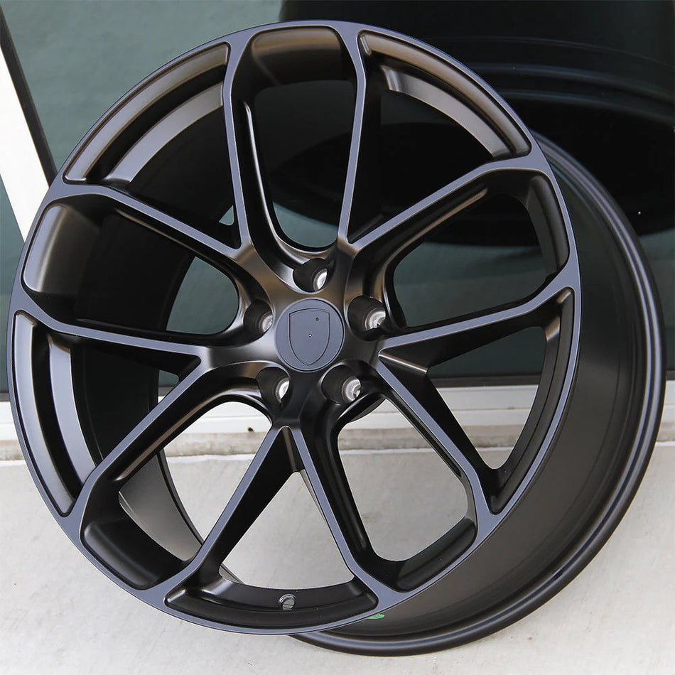 21-inch OE Style Wheels Turbo Style matte black wheels on a Porsche Macan, showcasing a sleek, sporty design.