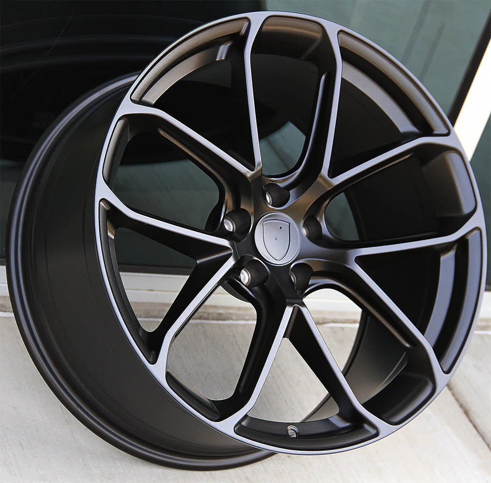 21-inch matte black Turbo Style wheels by OE Style Wheels fitted on a Porsche Macan, showcasing sleek, sporty wheel design.