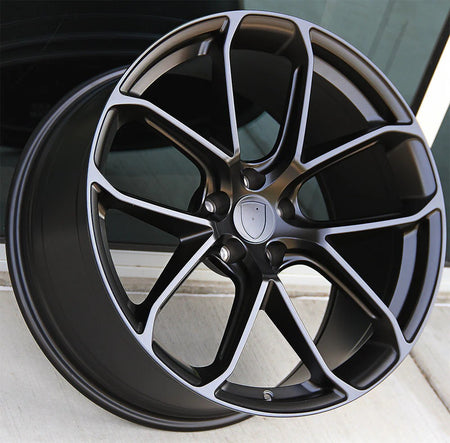 21-inch matte black Turbo Style wheels by OE Style Wheels fitted on a Porsche Macan, showcasing sleek, sporty wheel design.