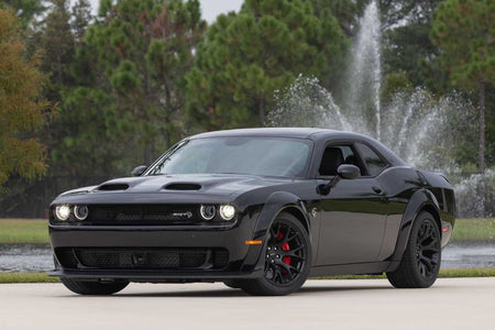 20x11 OE Style Wheels mesh gloss black rims for Dodge Challenger and Charger widebody models, shown on vehicle.