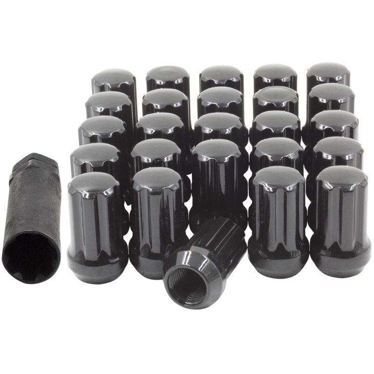 Set of 20 black spline acorn seat style lug nuts for Dodge Charger and Challenger wheels by OE Style Wheels.