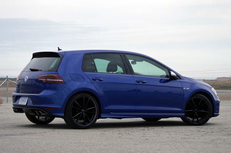18-inch R Style gloss black wheels by OE Style fit Volkswagen VW GTI, Golf, Jetta, EOS, and Passat models, featuring a sporty design.