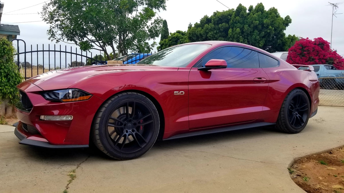 19-inch OE Style Wheels MRR M600 flow forged satin black automotive rims for Ford Mustang Bullitt, GT, Shelby GT350, and GT500 models.