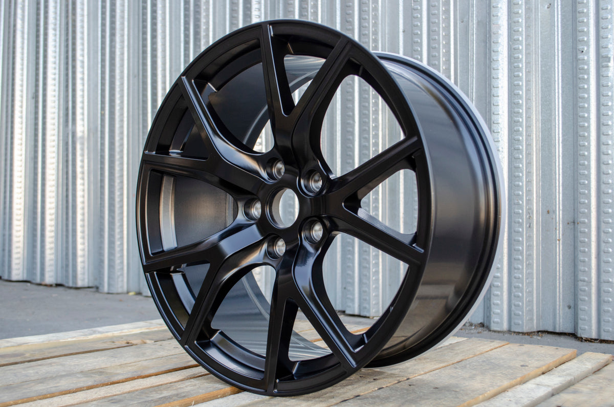 20x9 OE Style Wheels matte black rims for Dodge Durango, Jeep Grand Cherokee, SRT, Hellcat, and Trackhawk vehicles.