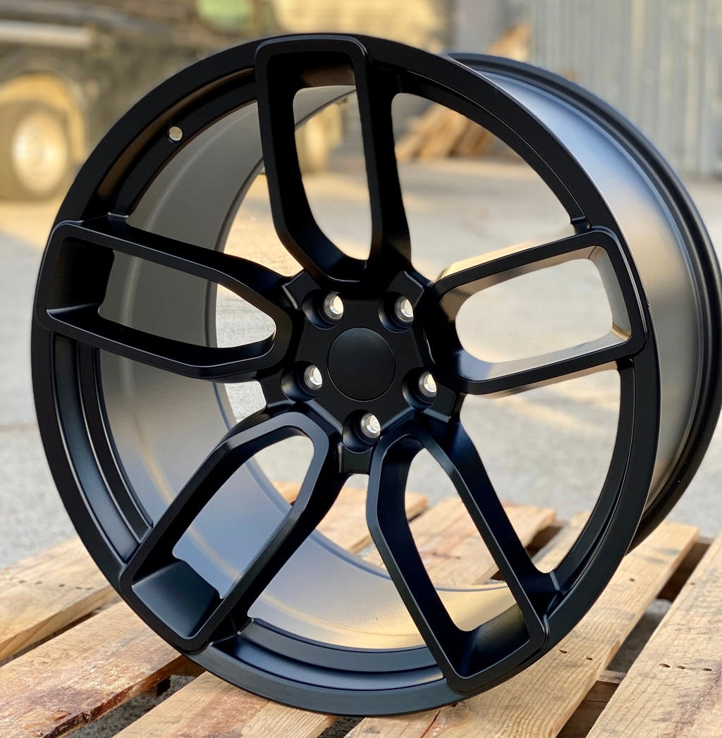 20-inch matte black Hellcat style wheels by OE Style Wheels on Dodge Challenger and Charger models, showcasing sleek automotive rims.