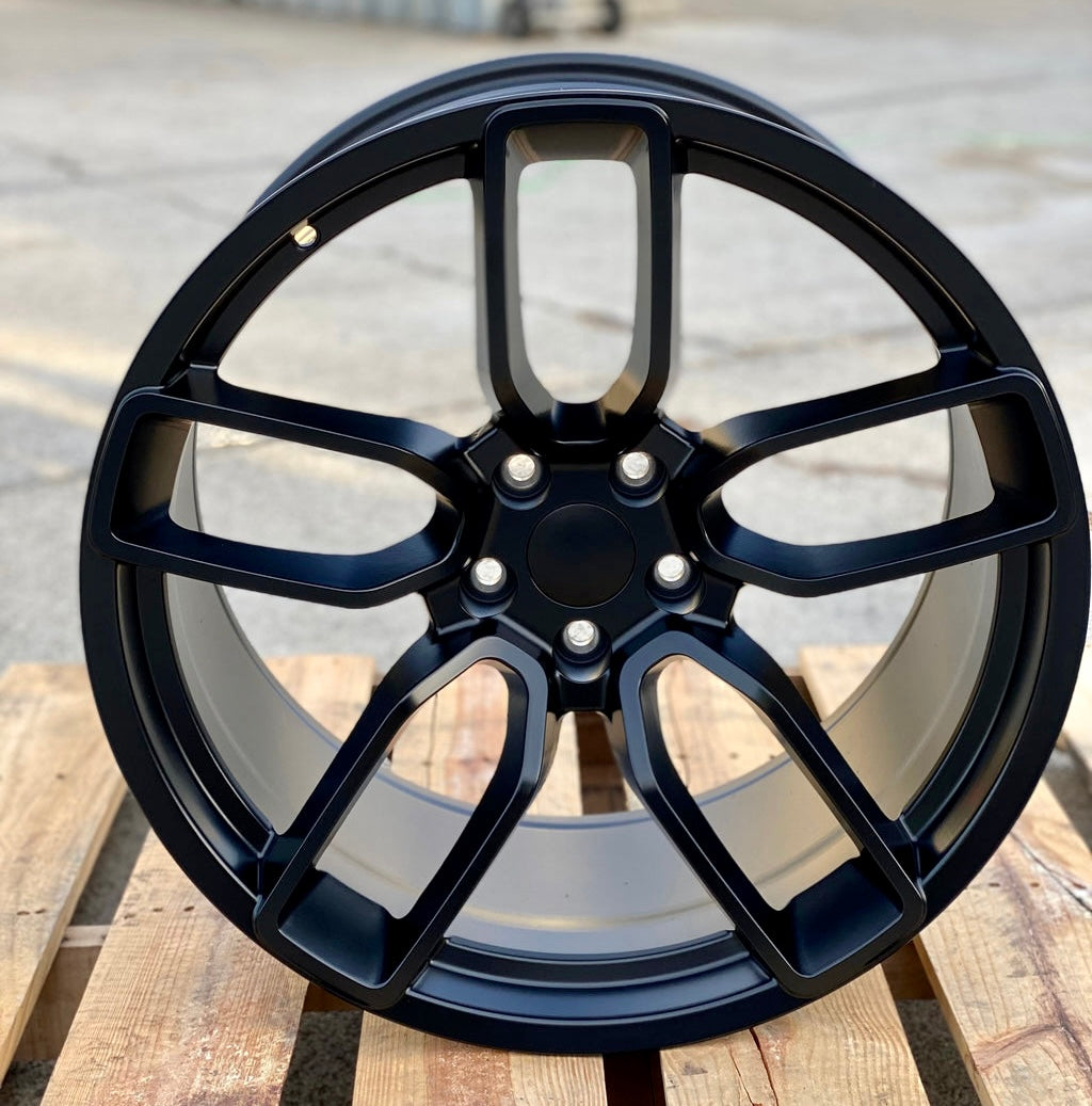20-inch matte black Hellcat style wheels by OE Style Wheels fitted on Dodge Challenger and Charger models.