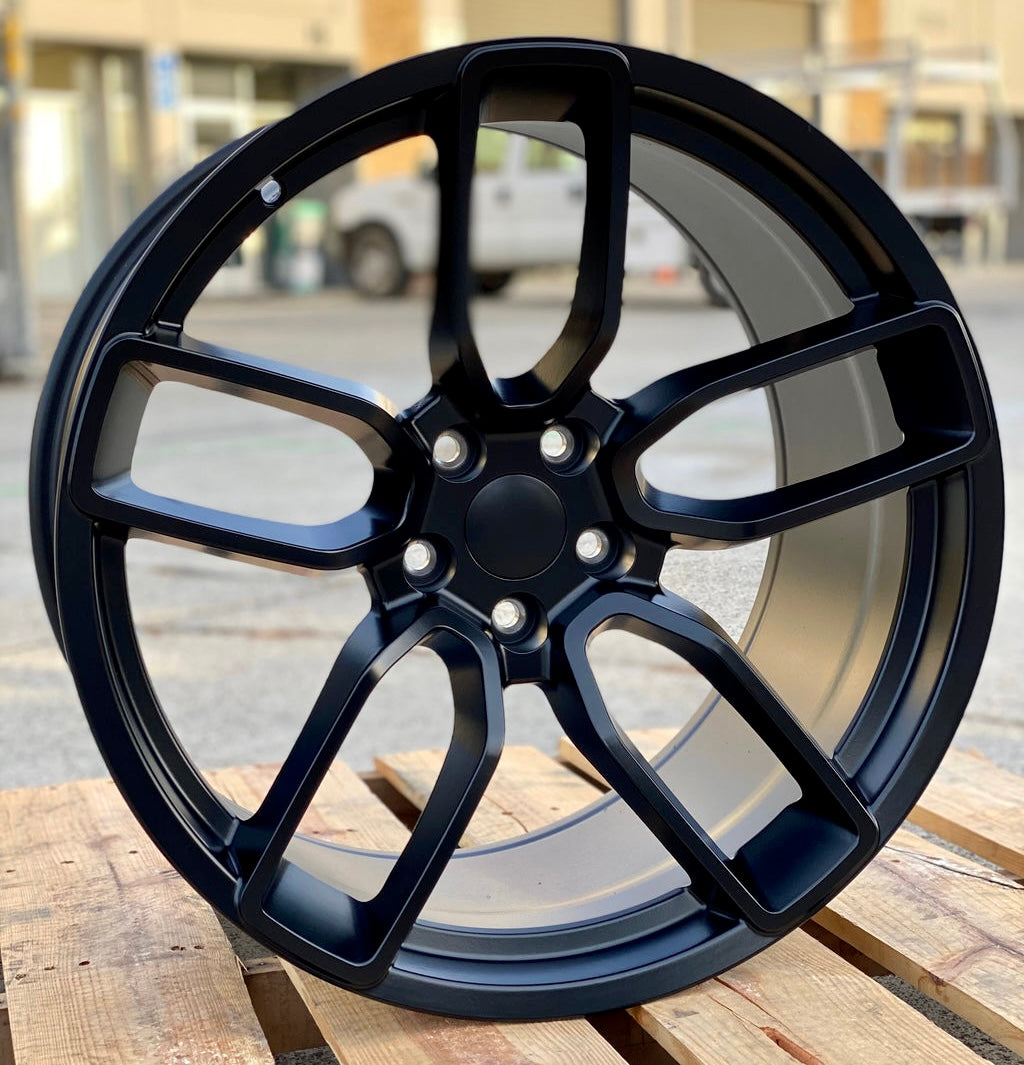20-inch matte black Hellcat style wheels by OE Style Wheels for Dodge Challenger, Charger, SRT, GT, RT, SXT, and Scat Pack models.
