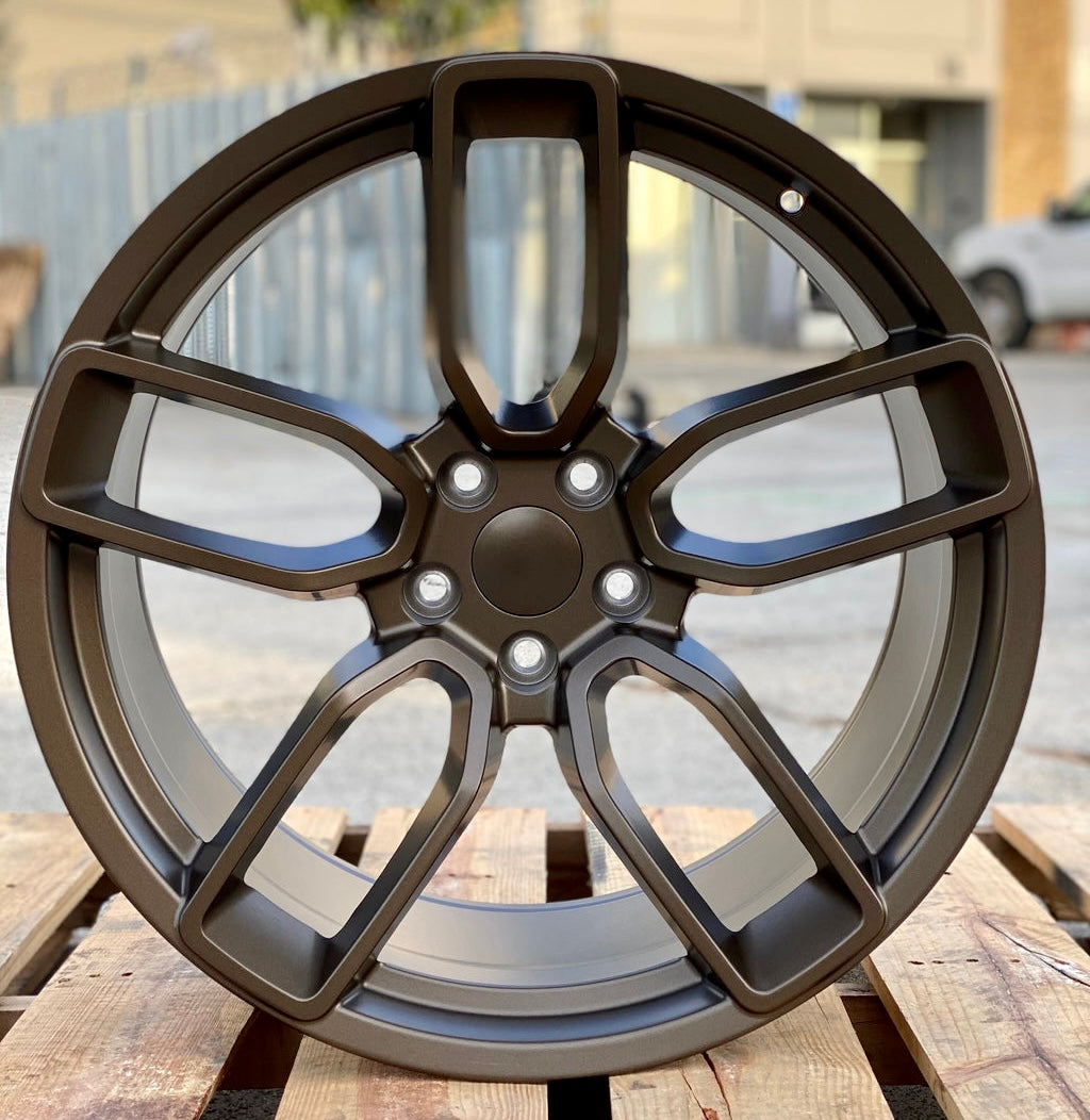 20-inch Hellcat style matte bronze Flow Forged wheels by OE Style Wheels on Dodge Challenger and Charger models.