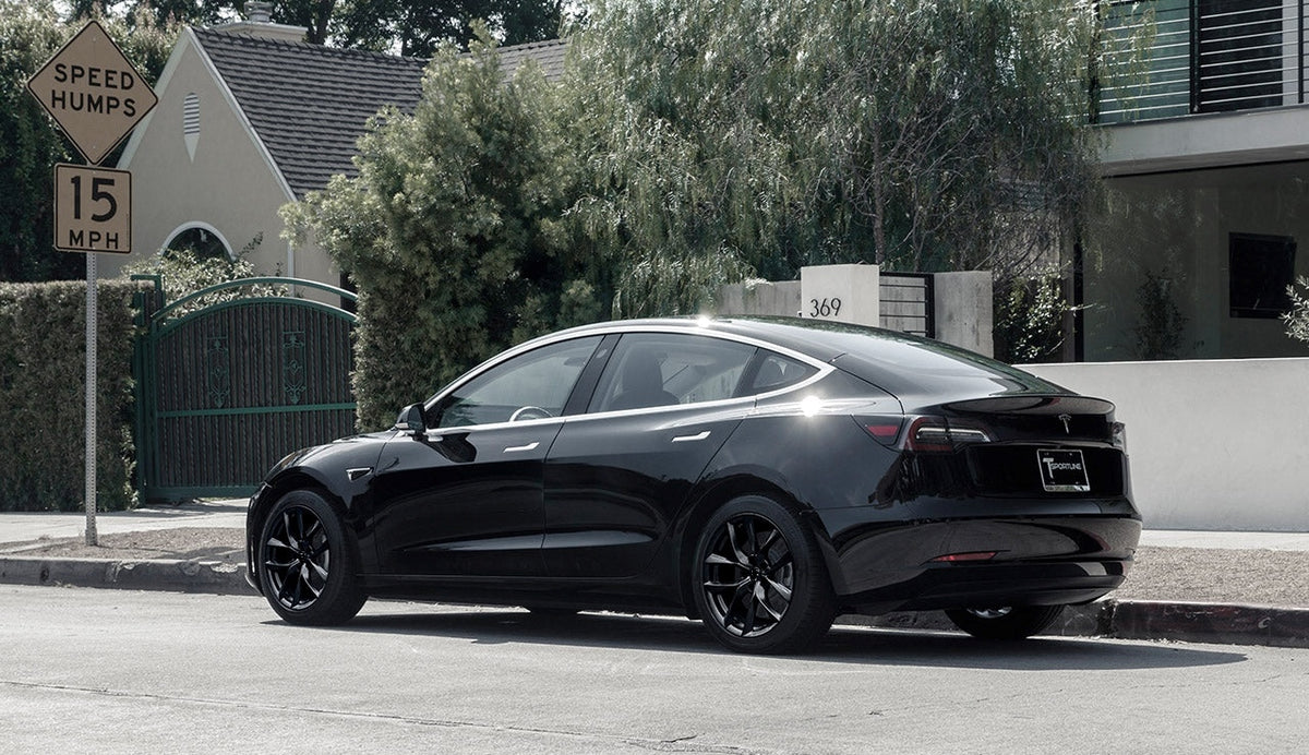 20-inch matte black OE Style Wheels automotive rims fitting Tesla Model 3 AWD, RWD, Long Range, and Performance models.