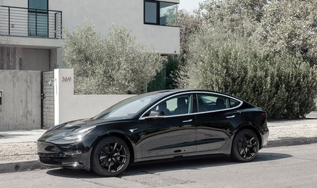 20-inch matte black OE Style Wheels for Tesla Model 3 AWD, RWD, Long Range, and Performance models, showcasing sleek automotive rims.