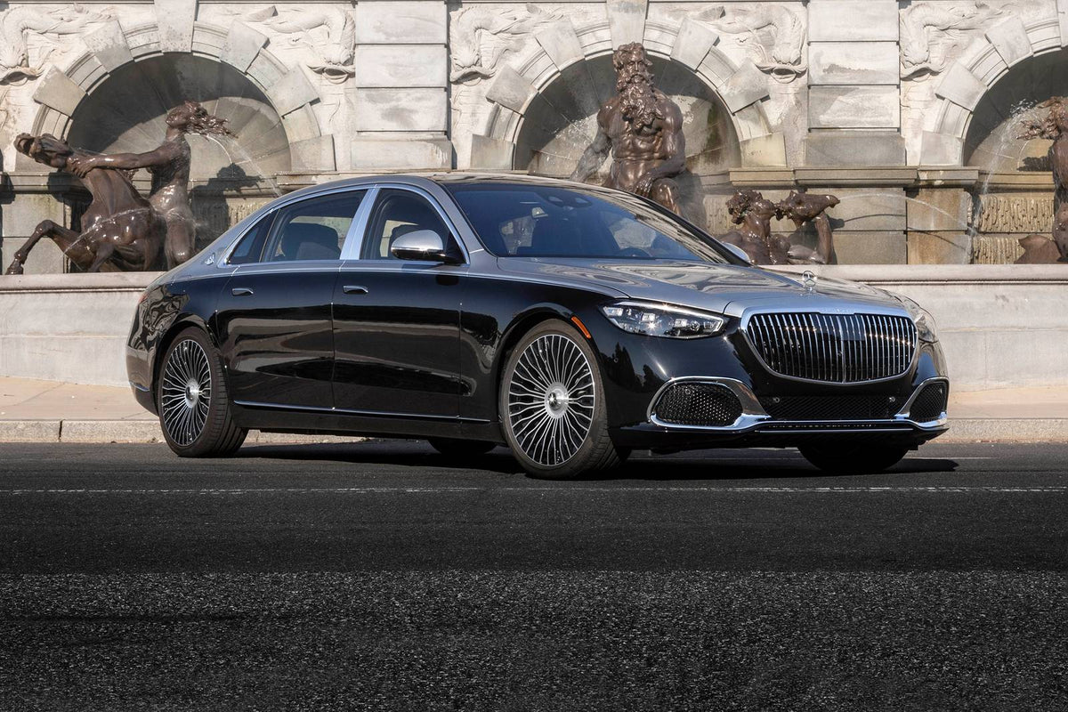 20-inch Maybach style black machined Mercedes wheels by OE Style Wheels, featuring flow-forged design for C, E, S, GLC, GLE, GLS models.