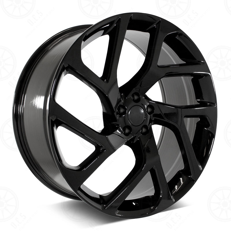 22-inch OE Style Wheels in gloss black for Range Rover Evoque and Velar, showcasing sleek automotive rims and wheel design.