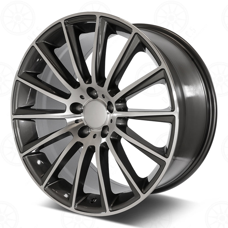 22-inch AMG style gunmetal machined staggered wheels for Mercedes-Benz E-Class, CLS, and S-Class models by OE Style Wheels.