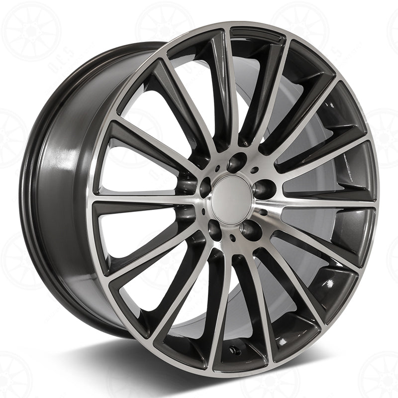 22-inch AMG style gunmetal machined staggered wheels for Mercedes E-Class and CLS models, OE Style Wheels automotive rims.