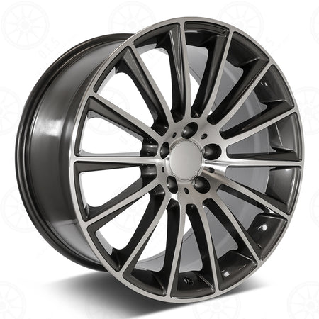 22-inch AMG style gunmetal machined staggered wheels for Mercedes E-Class and CLS models, OE Style Wheels automotive rims.