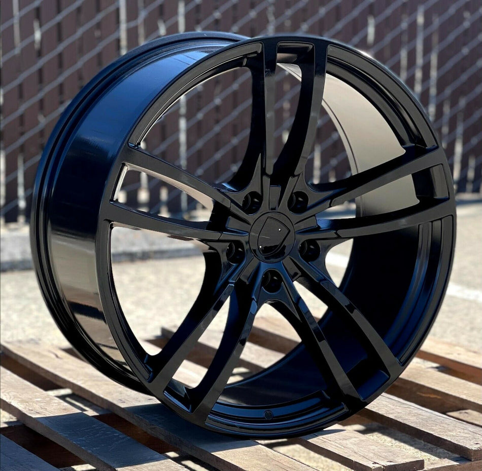 22-inch gloss black Turbo Style wheels by OE Style Wheels, fits Porsche Cayenne GTS, Diesel, Hybrid, and Turbo models.