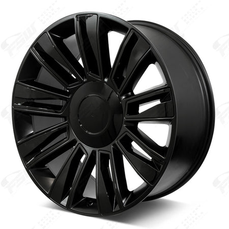 24-inch black diamond-style wheels by OE Style Wheels installed on Cadillac Escalade, showcasing sleek, premium automotive rims.