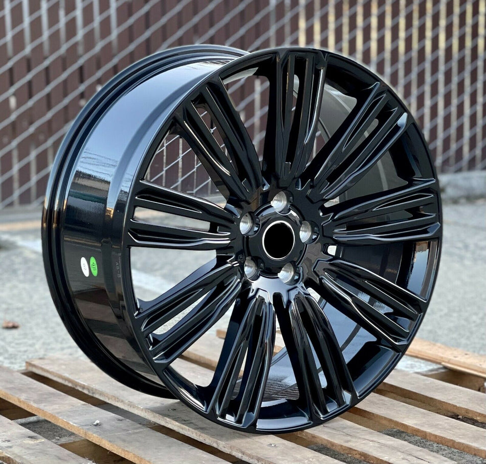 Gloss black 24-inch OE Style Wheels for Range Rover Evoque S, SE, Velar S, and SE, showcasing sleek automotive rims.