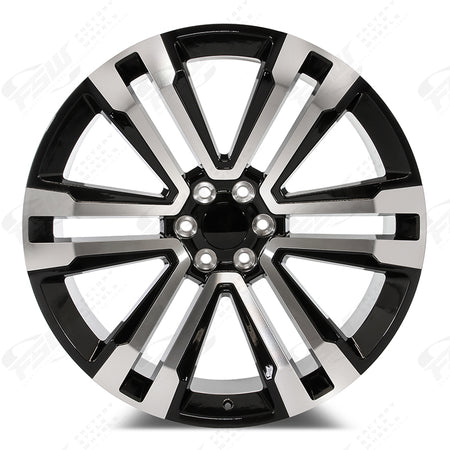24-inch OE Style Wheels in machined black finish, designed for Cadillac Escalade, Chevy Silverado, GMC Yukon, Tahoe, Sierra, Suburban