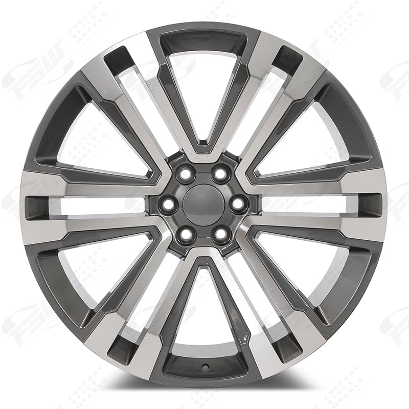 24-inch OE Style Wheels in machined gunmetal finish, designed for Cadillac Escalade, Chevy Silverado, Tahoe, Sierra, GMC Yukon.