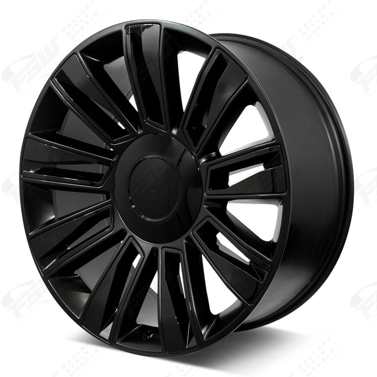 26-inch black diamond-style alloy wheels by OE Style Wheels for Cadillac Escalade Luxury and Sport models.