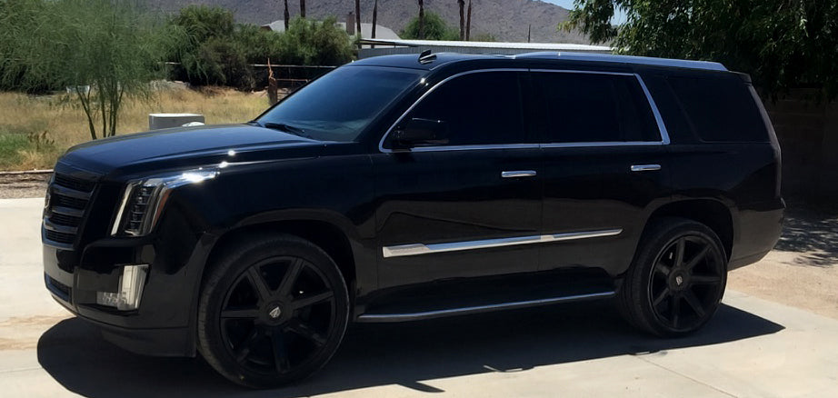 26-inch black platinum style OEM wheels for Cadillac Escalade, premium sport automotive rims by OE Style Wheels.