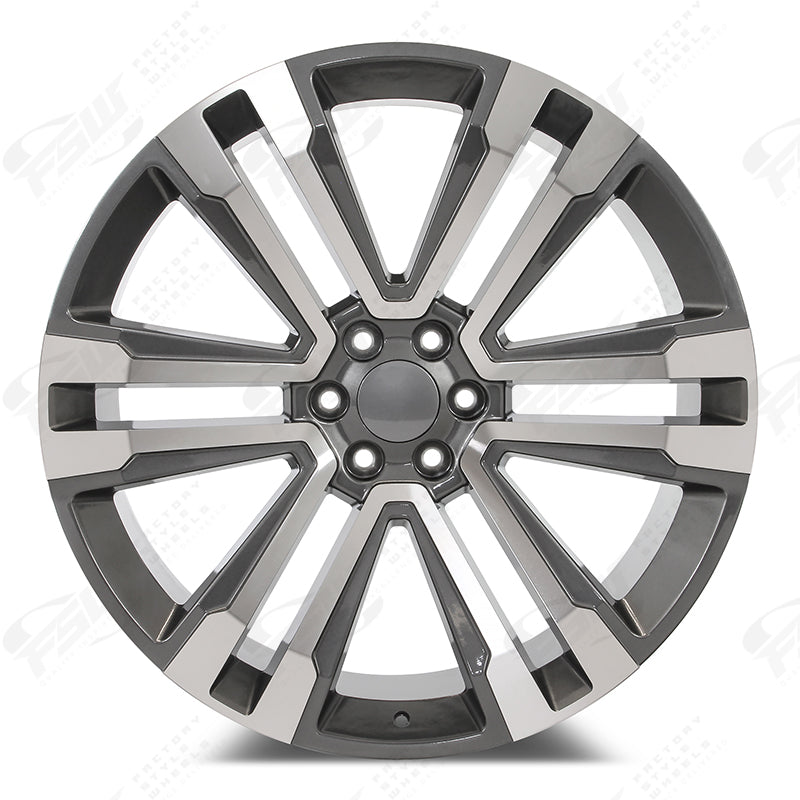 26-inch OE Style Wheels SLT Machined Gunmetal rims for Cadillac Escalade, Chevy Silverado, Tahoe, Suburban, Sierra, Yukon vehicles.