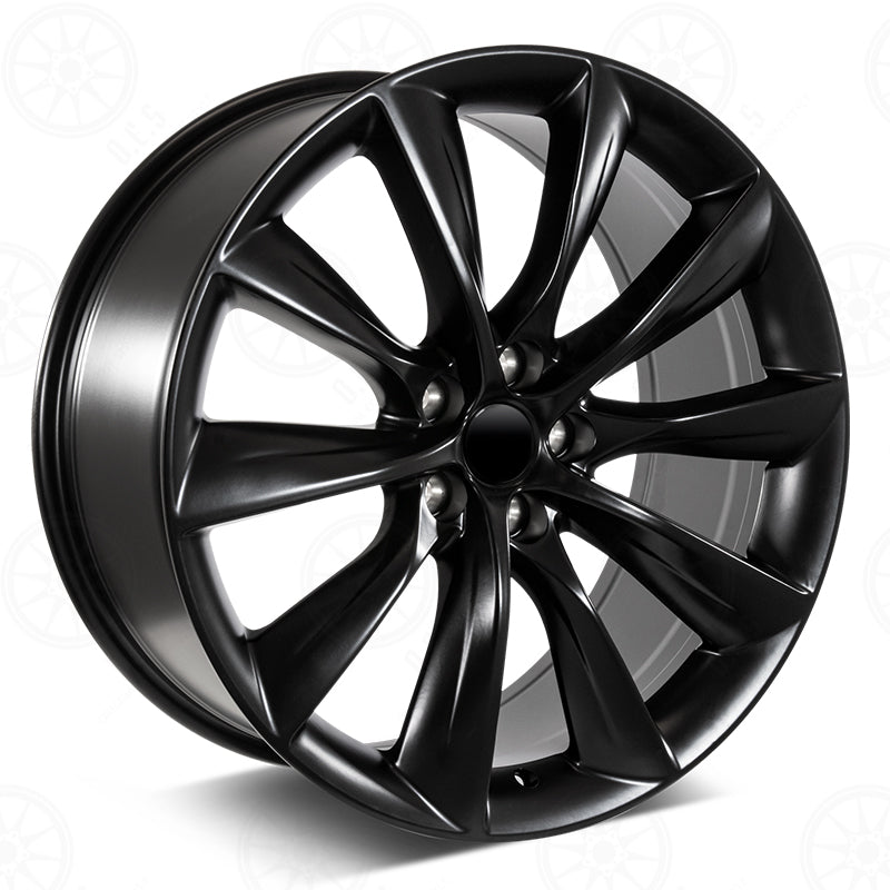 21-inch matte black turbine-style OE Style Wheels for Tesla Model S and X, showcasing the sleek wheel design and finish.
